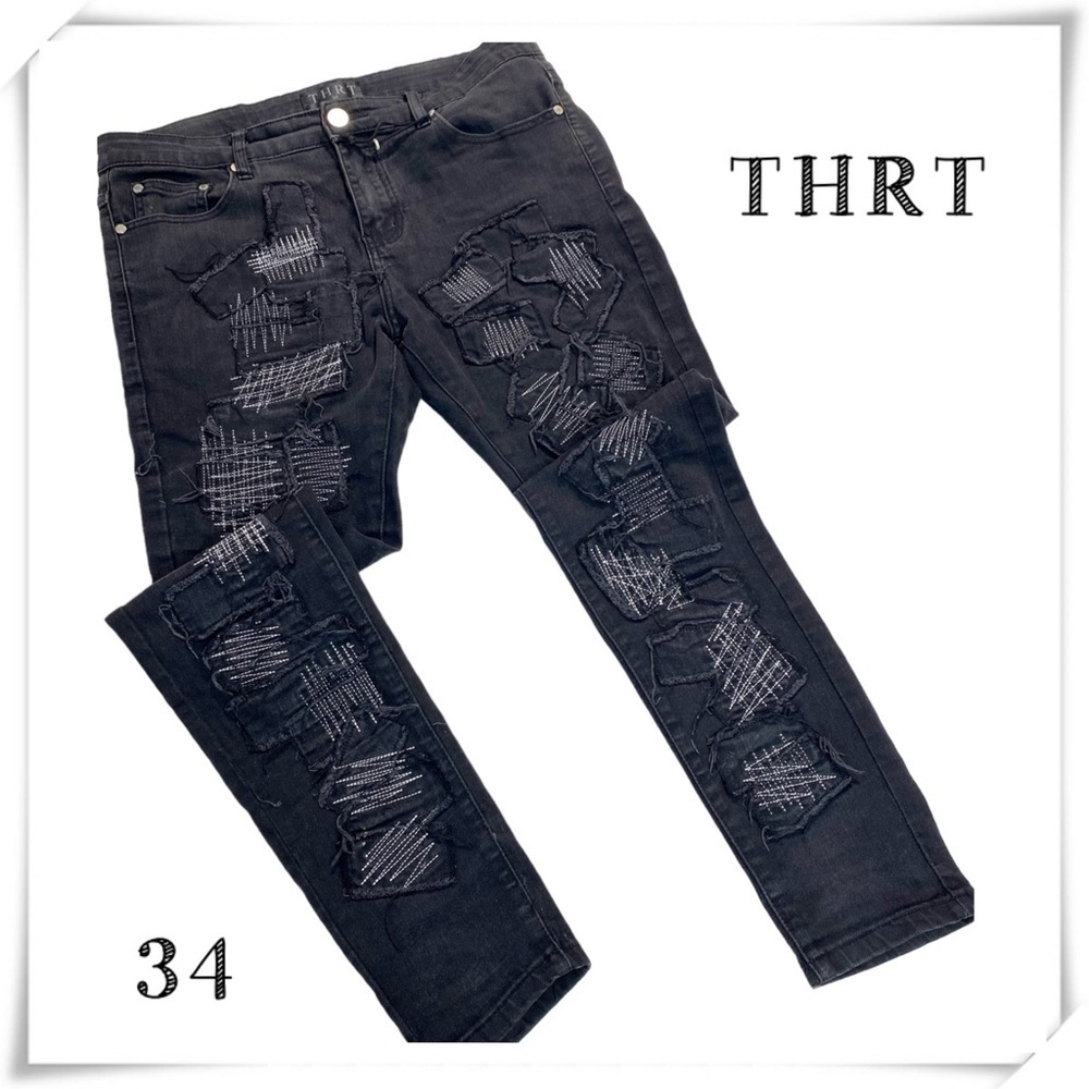THRT Denim Distressed Patches Denim Slim Jeans in Black Size 34